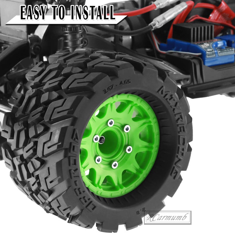 Rcarmumb RC Truck Wheel Tires for 1/10 Rustler Stampede Hoss,Arrm a Granite Vorteks Big Rock,Axial Losi Redcat Rc4wd,12mm/14mm Hex Rc Truck Tires,4pcs,Green - Image 3
